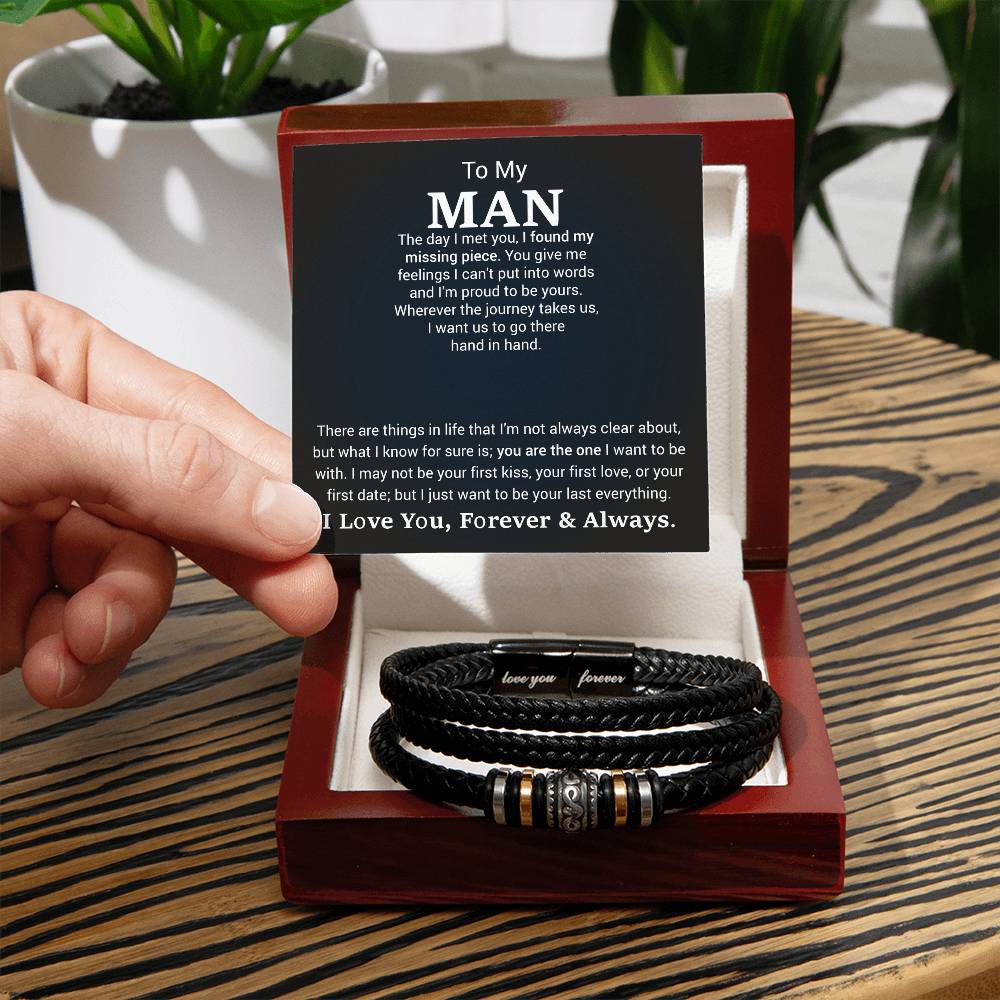 Men’s Engraved Bracelet – Sentimental Gift for Boyfriend or Husband, Vegan Leather & Stainless Steel, Magnetic Clasp, Romantic Gift for Him