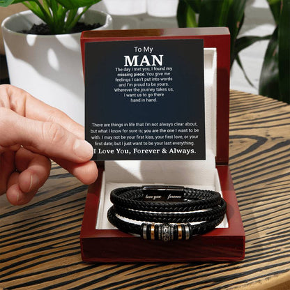Men’s Engraved Bracelet – Sentimental Gift for Boyfriend or Husband, Vegan Leather & Stainless Steel, Magnetic Clasp, Romantic Gift for Him