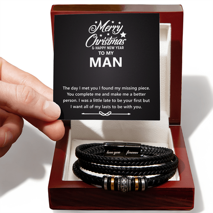 Men's Engraved Bracelet – Christmas & New Year Gift for Him, Vegan Leather & Stainless Steel, Magnetic Clasp, Sentimental Gift for Husband or Boyfriend
