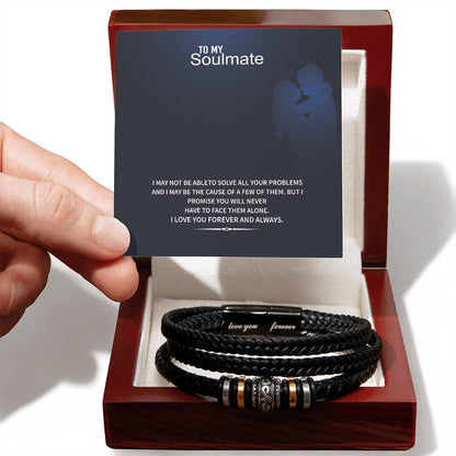 Men’s Engraved Bracelet – To My Soulmate Gift, Vegan Leather & Stainless Steel, Magnetic Clasp, Romantic Anniversary or Birthday Gift for Him