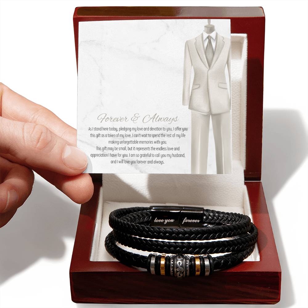 Men’s Engraved Bracelet – Forever & Always Wedding Gift for Husband, Vegan Leather & Stainless Steel, Magnetic Clasp, Sentimental Groom Gift