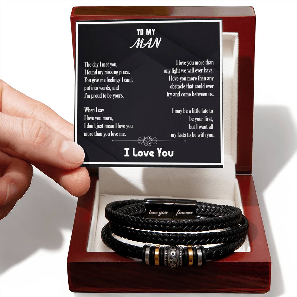Men’s Engraved Bracelet – Love You More Gift for Boyfriend or Husband, Vegan Leather & Stainless Steel, Magnetic Clasp, Romantic Gift for Him