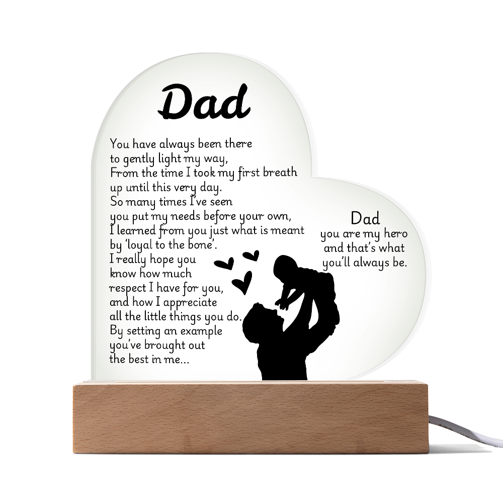 Heart LED Acrylic Plaque for Dad – Father's Day, Birthday, Christmas Gift – Sentimental Poem Night Light