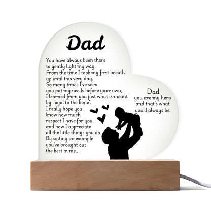 Heart LED Acrylic Plaque for Dad – Father's Day, Birthday, Christmas Gift – Sentimental Poem Night Light