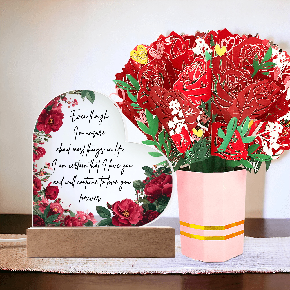 Even Though I'm Unsure Acrylic Heart Plaque with LED Base & Paper Flower Bouquet – Romantic Valentine's Day Gift