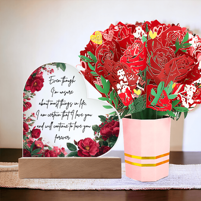 Even Though I'm Unsure Acrylic Heart Plaque with LED Base & Paper Flower Bouquet – Romantic Valentine's Day Gift
