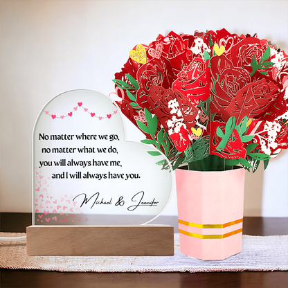 Personalized No Matter Where We Go Acrylic Heart Plaque with LED Base & Paper Flower Bouquet – Romantic Valentine's Day Gift