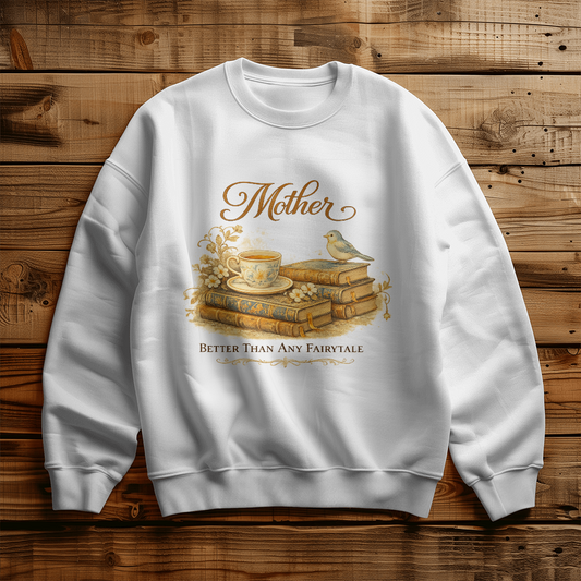 Mother Better Than Any Fairytale Sweatshirt, Bookish Mom Gift, White Gildan 18000 Crewneck