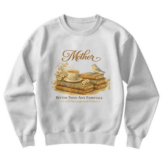 Mother Better Than Any Fairytale Sweatshirt, Bookish Mom Gift, White Gildan 18000 Crewneck