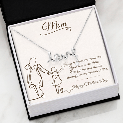 Mother's Day Gift for Mom – Love Script Necklace | Mom & Child Line Art Message Card
