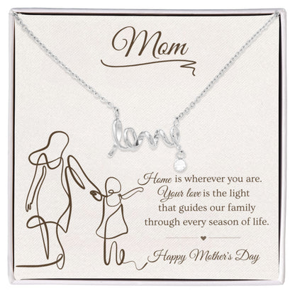 Mother's Day Gift for Mom – Love Script Necklace | Mom & Child Line Art Message Card
