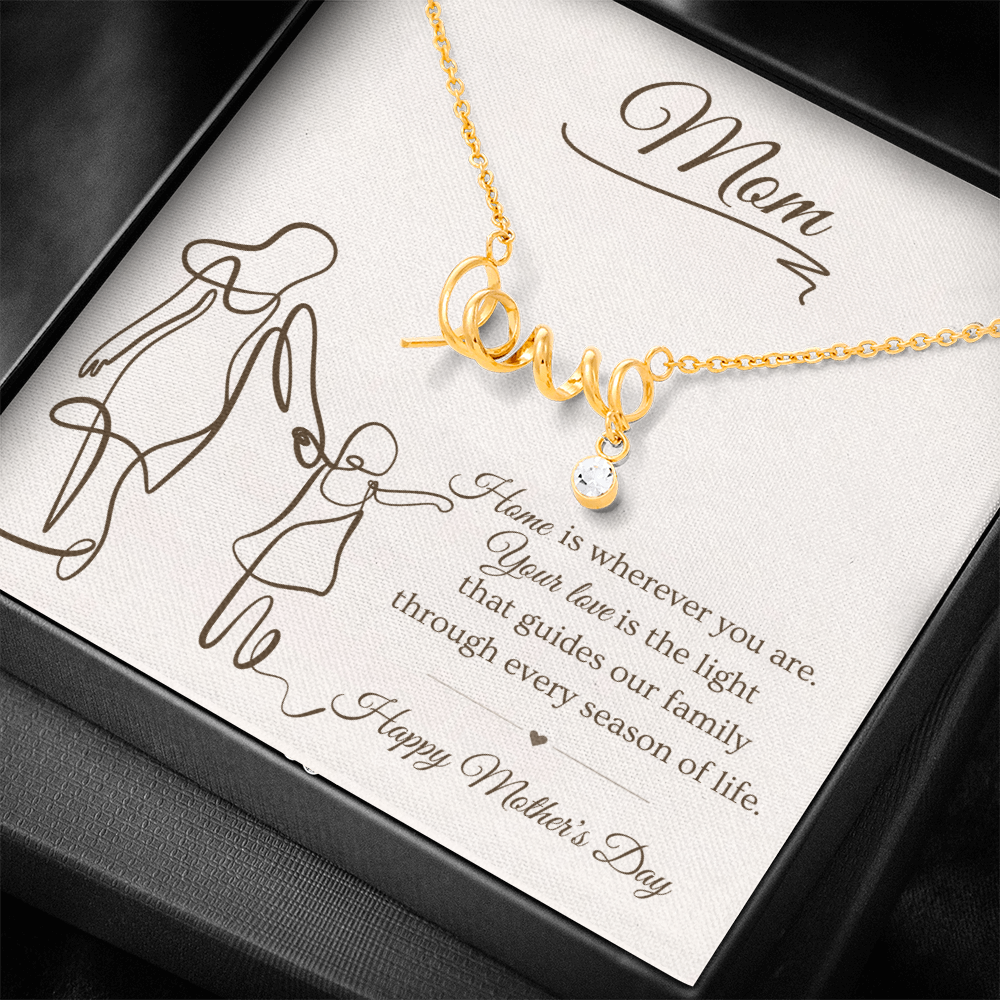 Mother's Day Gift for Mom – Love Script Necklace | Mom & Child Line Art Message Card