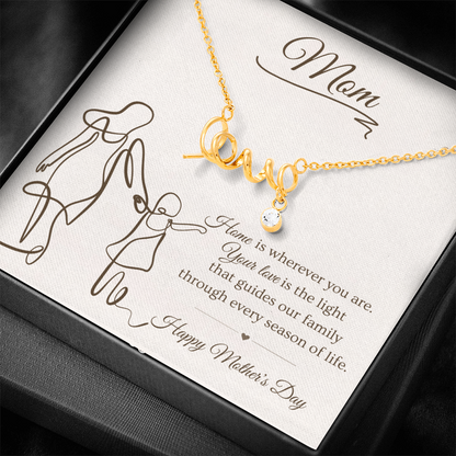 Mother's Day Gift for Mom – Love Script Necklace | Mom & Child Line Art Message Card