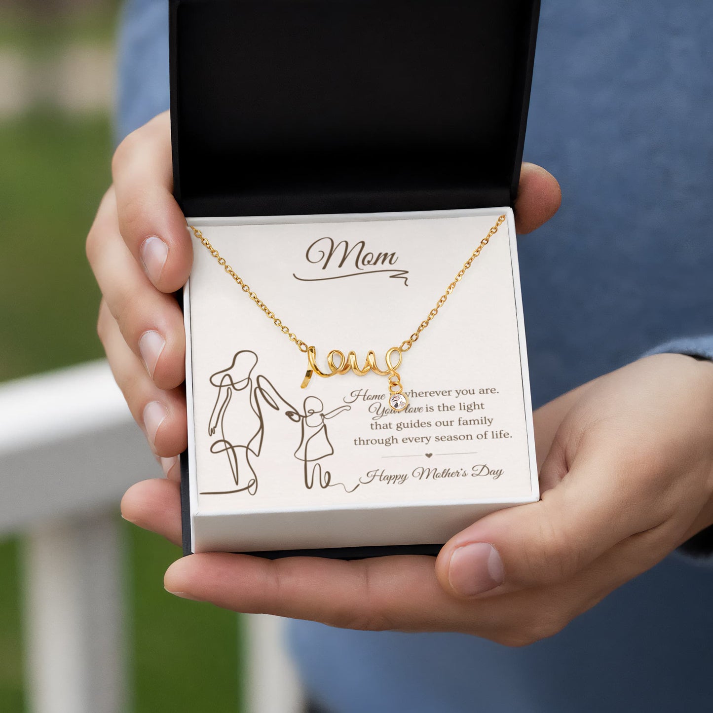 Mother's Day Gift for Mom – Love Script Necklace | Mom & Child Line Art Message Card