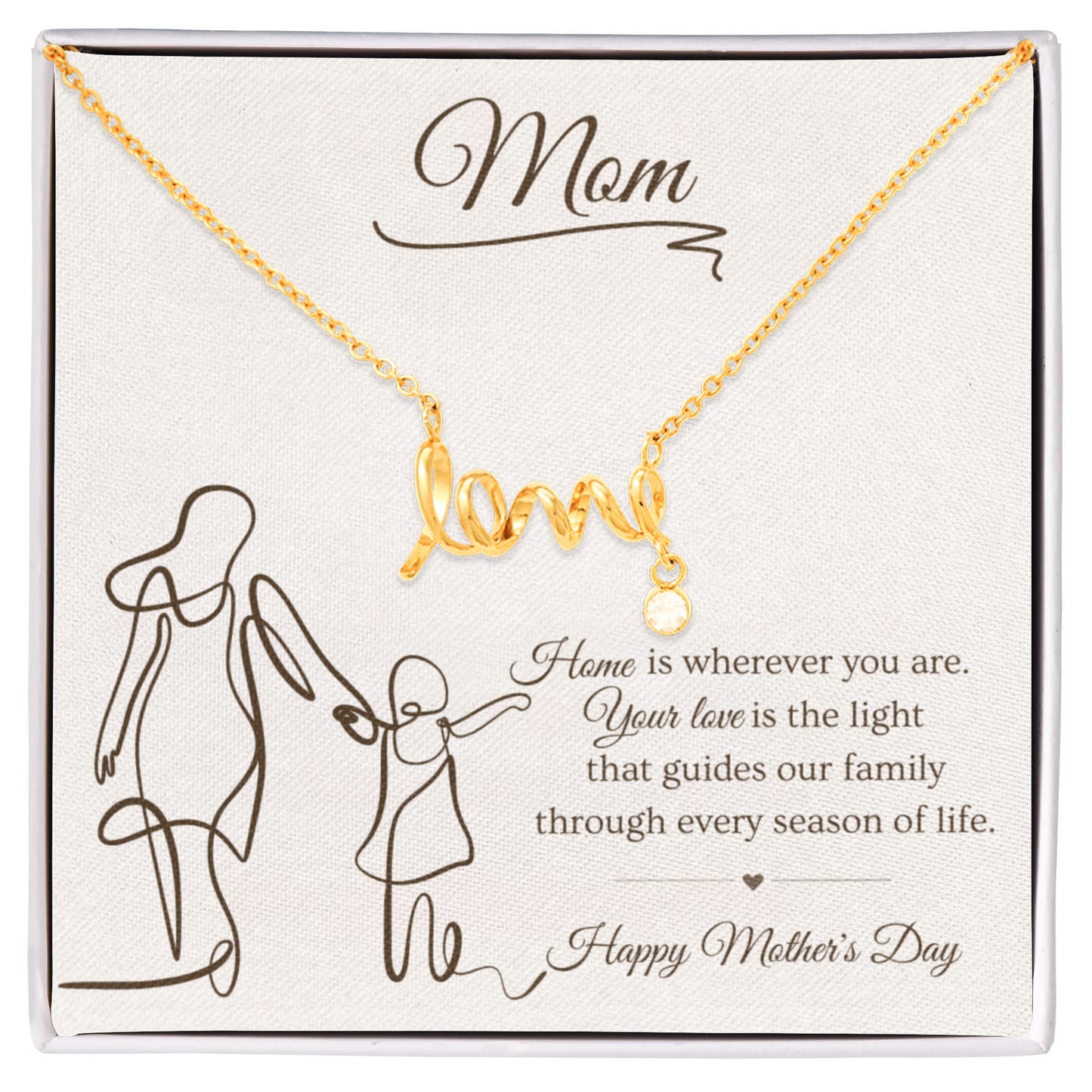 Mother's Day Gift for Mom – Love Script Necklace | Mom & Child Line Art Message Card
