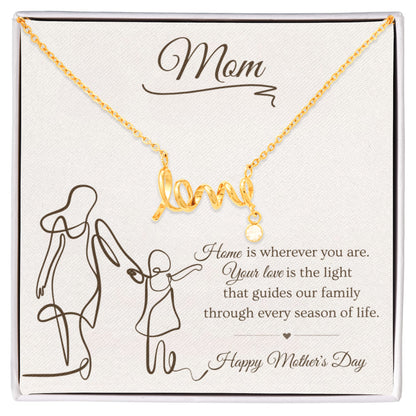 Mother's Day Gift for Mom – Love Script Necklace | Mom & Child Line Art Message Card