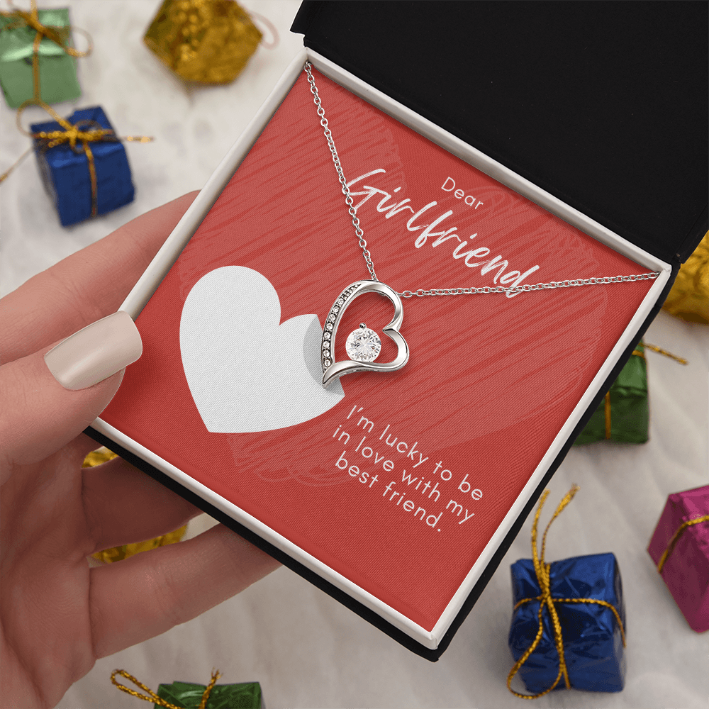 Girlfriend Forever Love Necklace – Heart Pendant with CZ – Romantic Jewelry Gift – Love Message Card – Birthday, Anniversary, Valentine's Day
