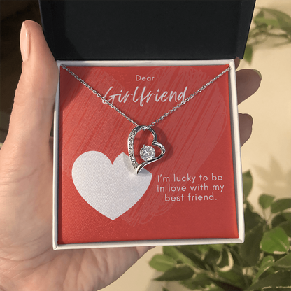 Girlfriend Forever Love Necklace – Heart Pendant with CZ – Romantic Jewelry Gift – Love Message Card – Birthday, Anniversary, Valentine's Day
