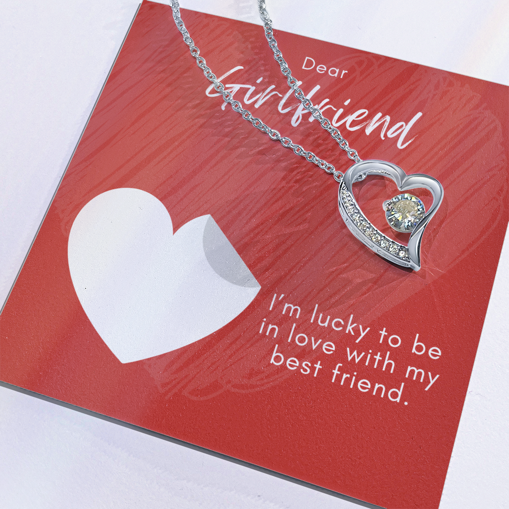 Girlfriend Forever Love Necklace – Heart Pendant with CZ – Romantic Jewelry Gift – Love Message Card – Birthday, Anniversary, Valentine's Day
