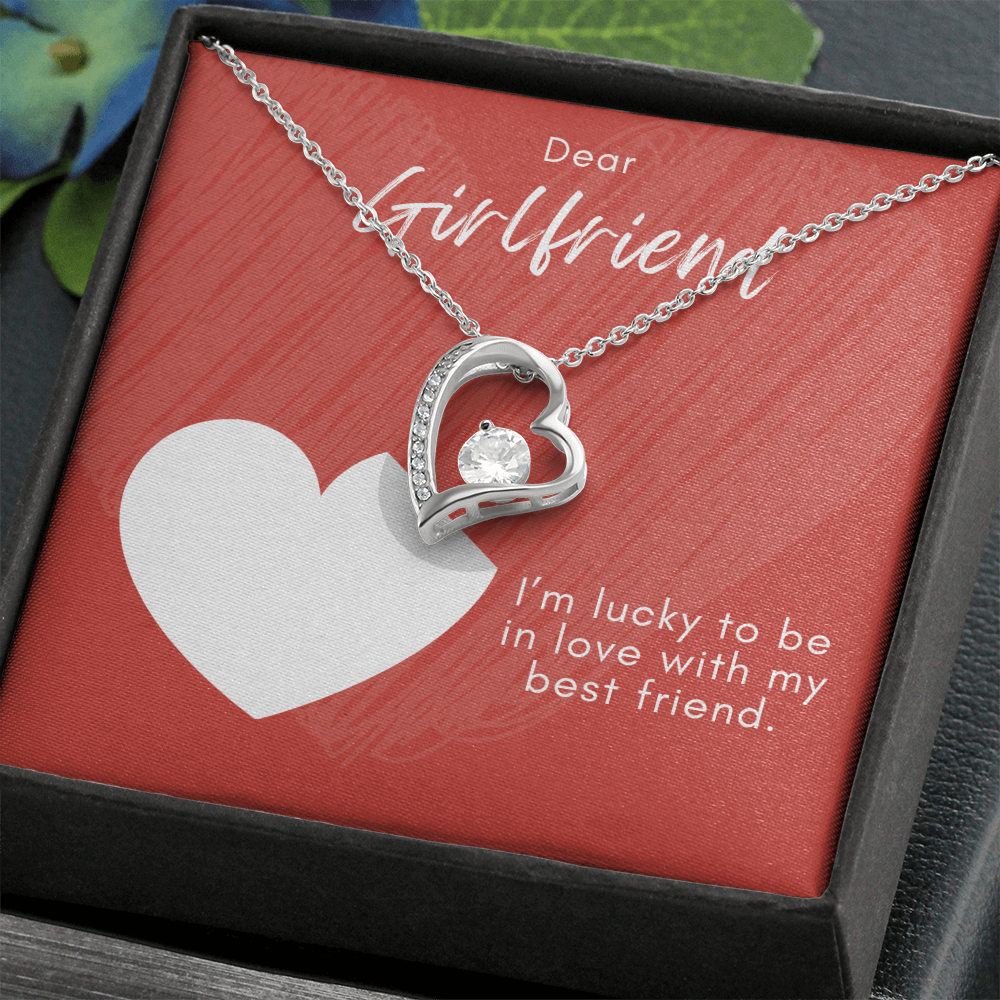 Girlfriend Forever Love Necklace – Heart Pendant with CZ – Romantic Jewelry Gift – Love Message Card – Birthday, Anniversary, Valentine's Day