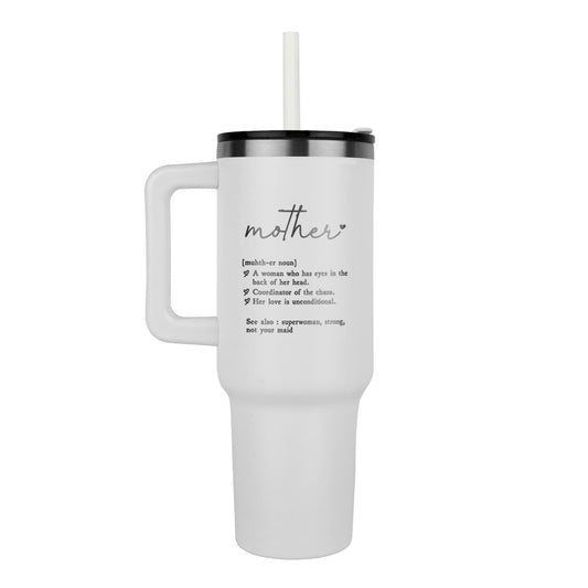 Minimalist Mother Definition Tumbler – Funny Mom Gift – Stainless Steel Travel Mug with Handle and Straw