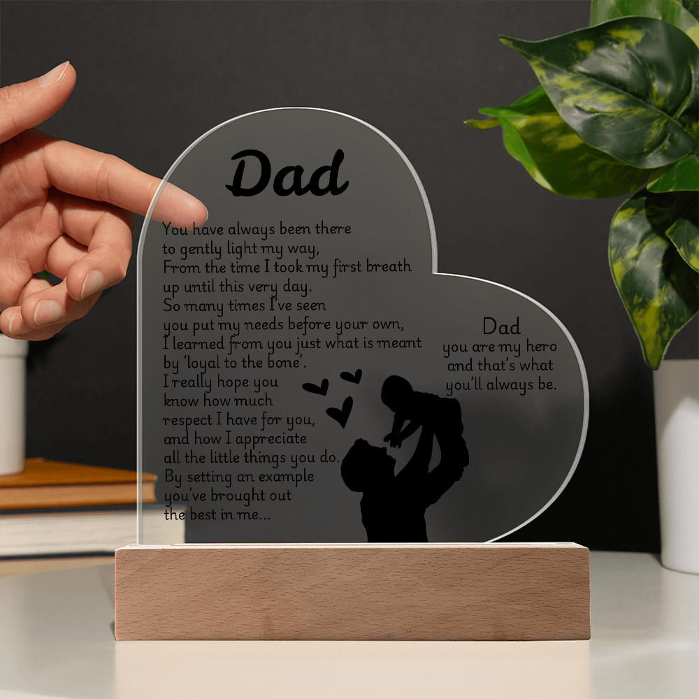 Heart LED Acrylic Plaque for Dad – Father's Day, Birthday, Christmas Gift – Sentimental Poem Night Light