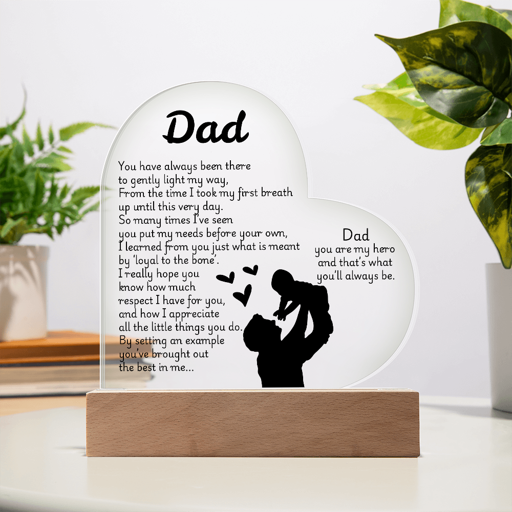 Heart LED Acrylic Plaque for Dad – Father's Day, Birthday, Christmas Gift – Sentimental Poem Night Light