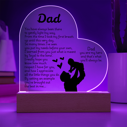Heart LED Acrylic Plaque for Dad – Father's Day, Birthday, Christmas Gift – Sentimental Poem Night Light