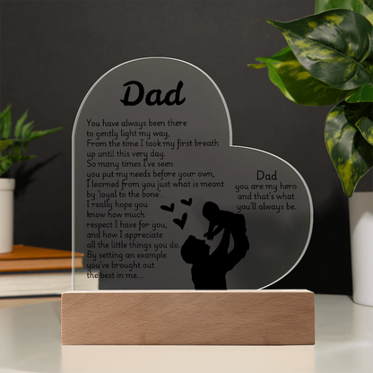 Heart LED Acrylic Plaque for Dad – Father's Day, Birthday, Christmas Gift – Sentimental Poem Night Light