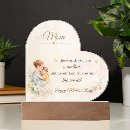 Watercolor Mom Heart Acrylic Plaque – LED Light Up Mother's Day Gift for Mom