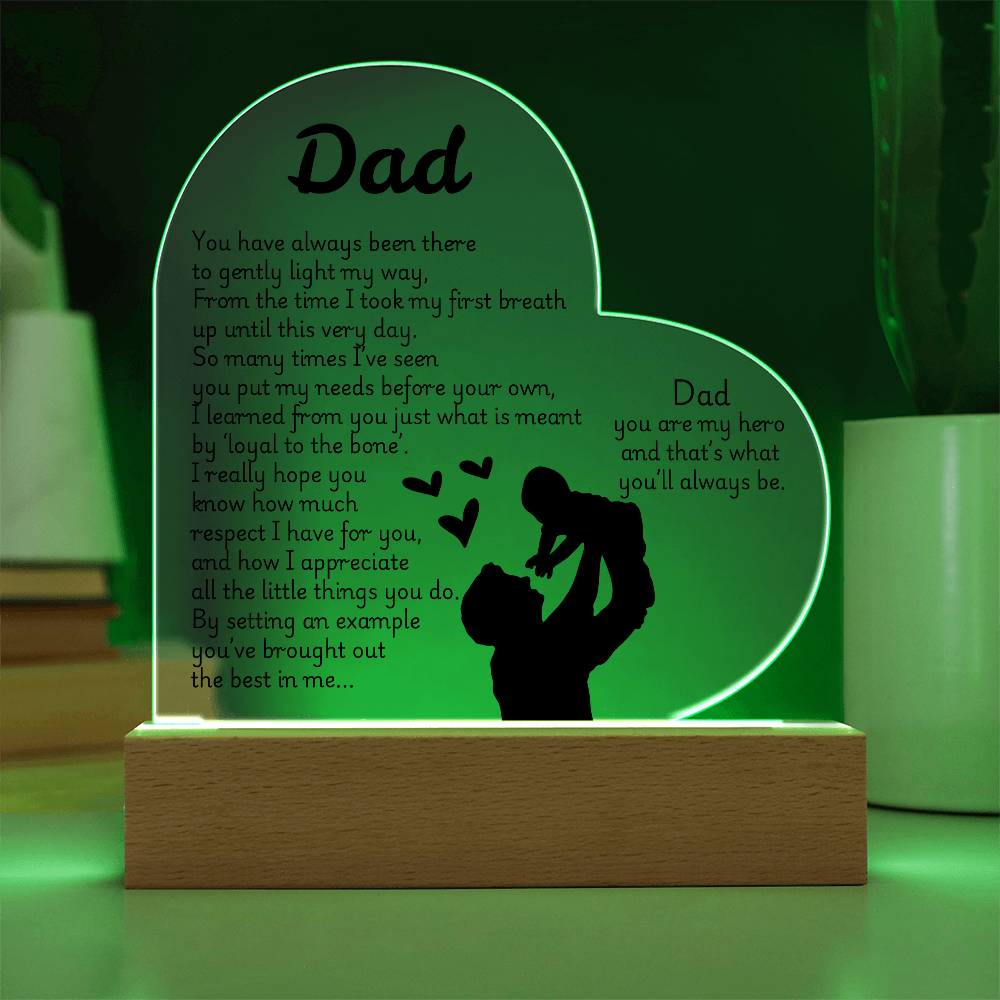 Heart LED Acrylic Plaque for Dad – Father's Day, Birthday, Christmas Gift – Sentimental Poem Night Light