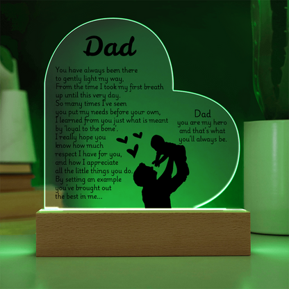 Heart LED Acrylic Plaque for Dad – Father's Day, Birthday, Christmas Gift – Sentimental Poem Night Light
