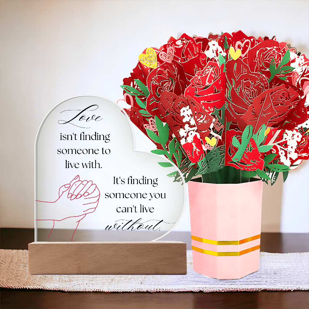 Love Isn't Finding Someone Acrylic Heart Plaque with LED Base & Paper Flower Bouquet – Romantic Valentine's Day Gift