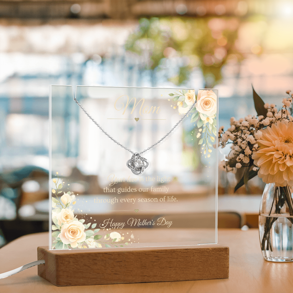 Mother's Day Gift for Mom – Love Knot Necklace & LED Acrylic Plaque Bundle