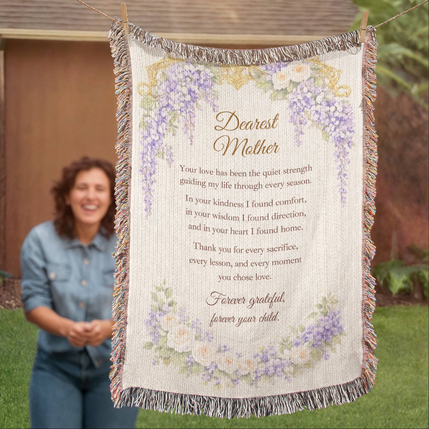 Dearest Mother Woven Blanket, Heirloom Mother's Day Blanket, Gift for Mom from Daughter or Son, Regency Wisteria Keepsake Throw