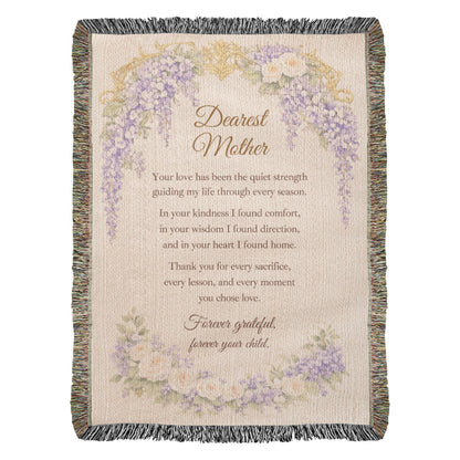 Dearest Mother Woven Blanket, Heirloom Mother's Day Blanket, Gift for Mom from Daughter or Son, Regency Wisteria Keepsake Throw