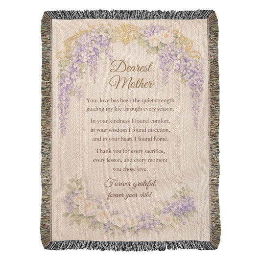 Dearest Mother Woven Blanket, Heirloom Mother's Day Blanket, Gift for Mom from Daughter or Son, Regency Wisteria Keepsake Throw