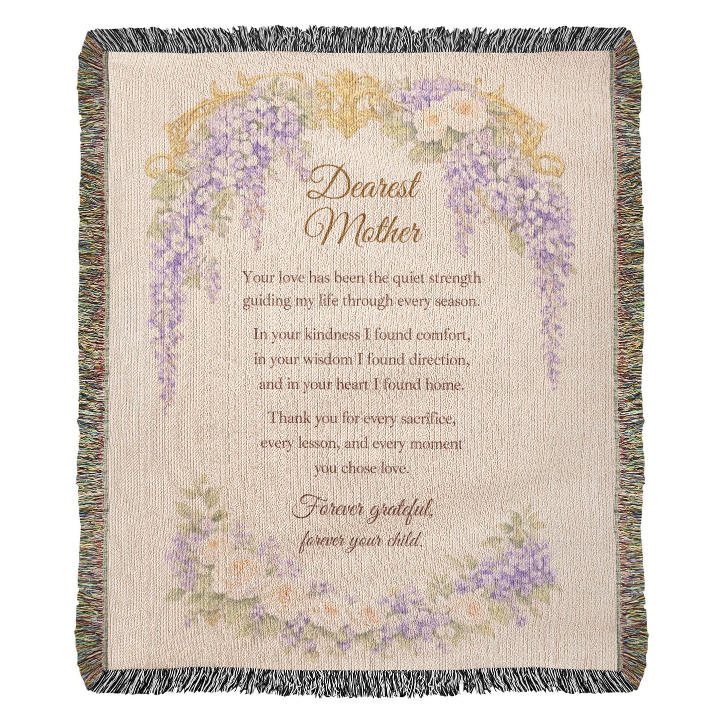 Dearest Mother Woven Blanket, Heirloom Mother's Day Blanket, Gift for Mom from Daughter or Son, Regency Wisteria Keepsake Throw