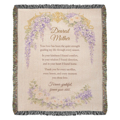 Dearest Mother Woven Blanket, Heirloom Mother's Day Blanket, Gift for Mom from Daughter or Son, Regency Wisteria Keepsake Throw