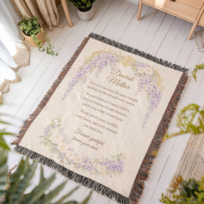 Dearest Mother Woven Blanket, Heirloom Mother's Day Blanket, Gift for Mom from Daughter or Son, Regency Wisteria Keepsake Throw