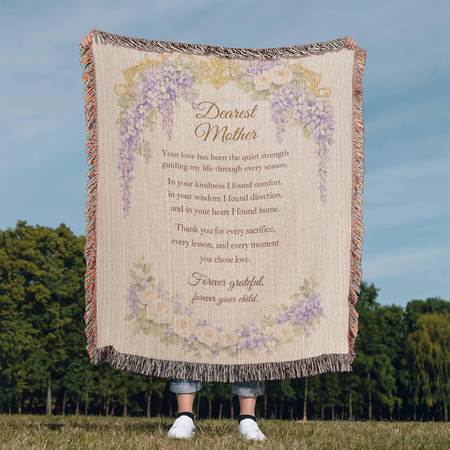 Dearest Mother Woven Blanket, Heirloom Mother's Day Blanket, Gift for Mom from Daughter or Son, Regency Wisteria Keepsake Throw