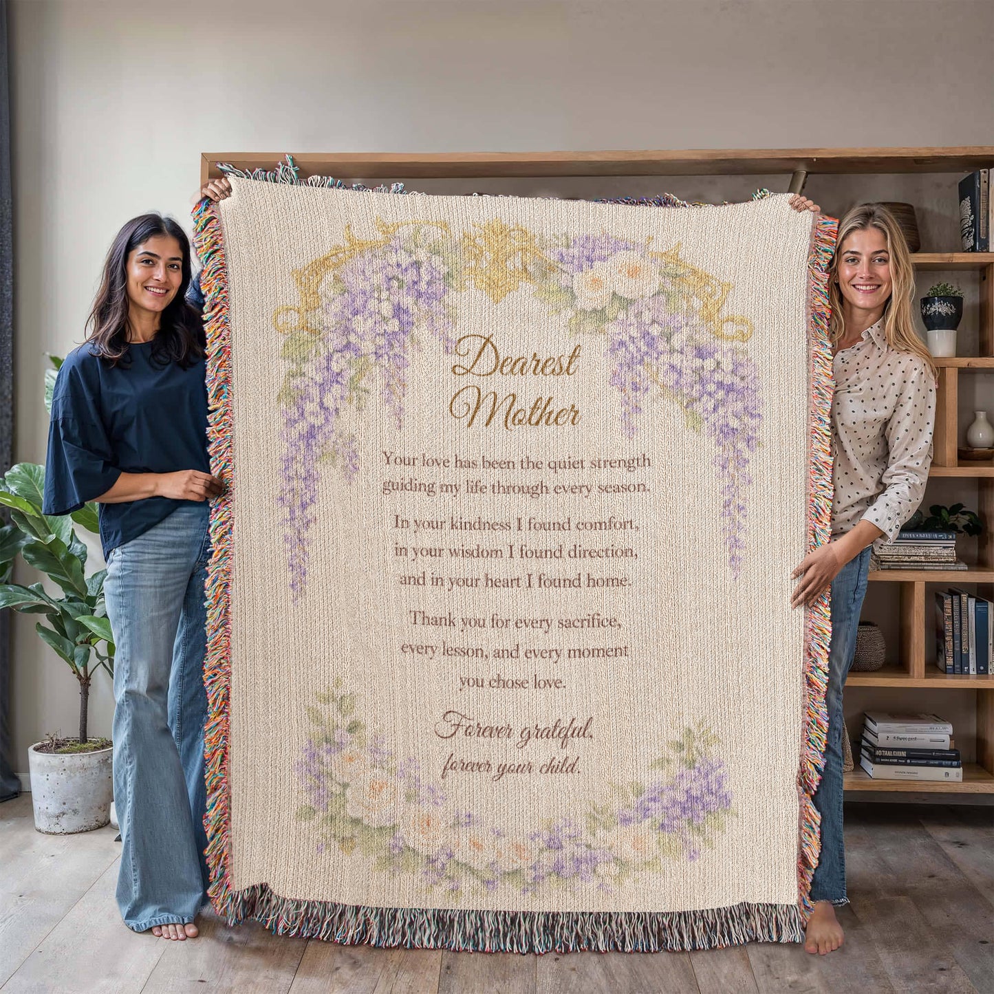 Dearest Mother Woven Blanket, Heirloom Mother's Day Blanket, Gift for Mom from Daughter or Son, Regency Wisteria Keepsake Throw