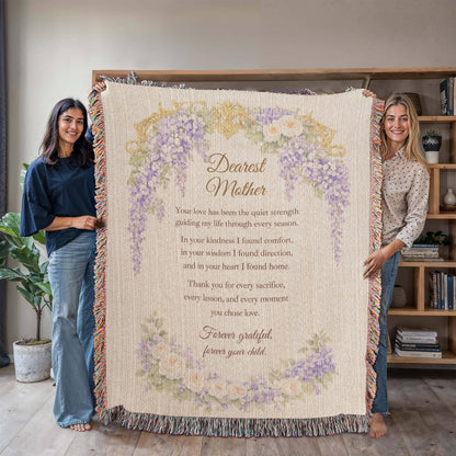Dearest Mother Woven Blanket, Heirloom Mother's Day Blanket, Gift for Mom from Daughter or Son, Regency Wisteria Keepsake Throw