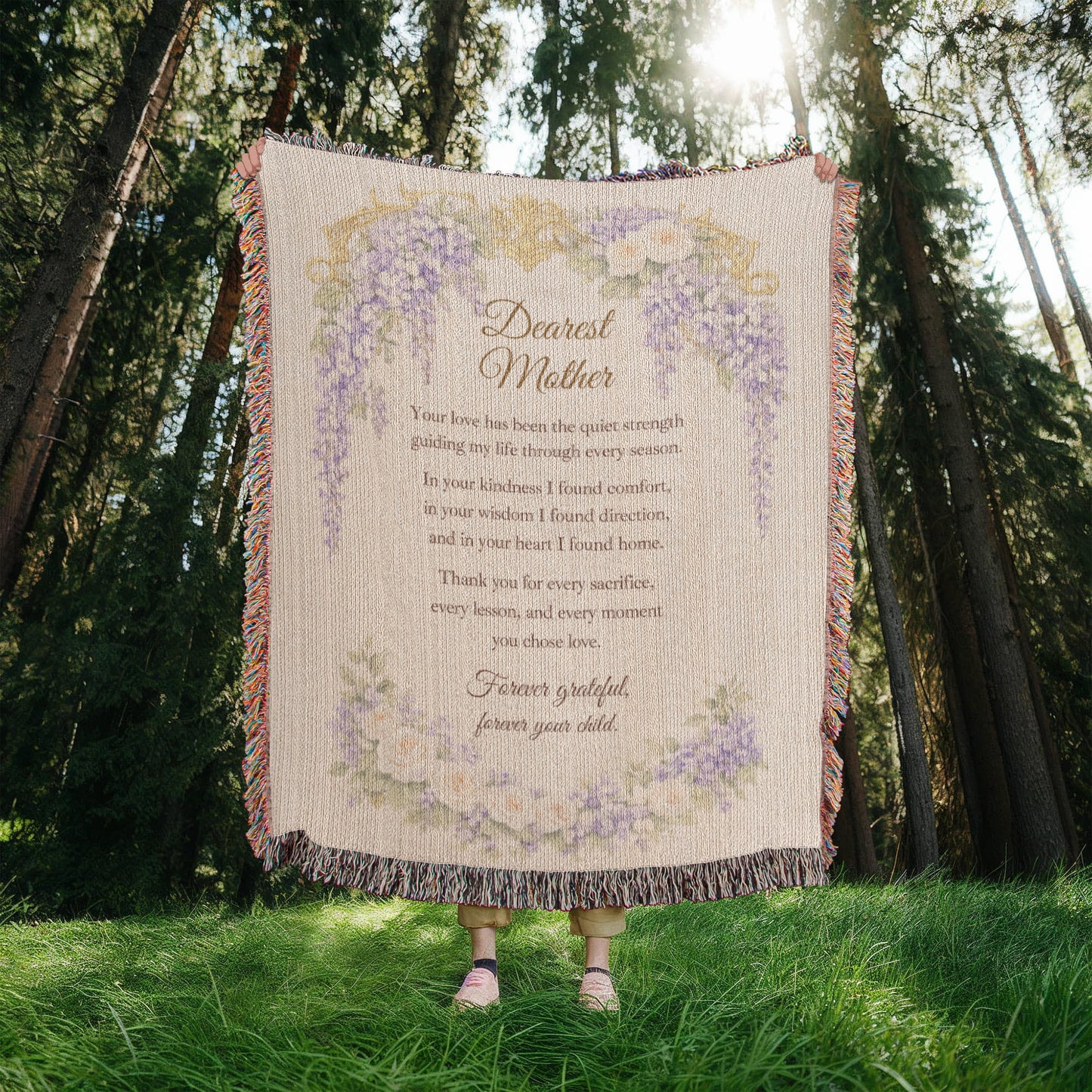 Dearest Mother Woven Blanket, Heirloom Mother's Day Blanket, Gift for Mom from Daughter or Son, Regency Wisteria Keepsake Throw