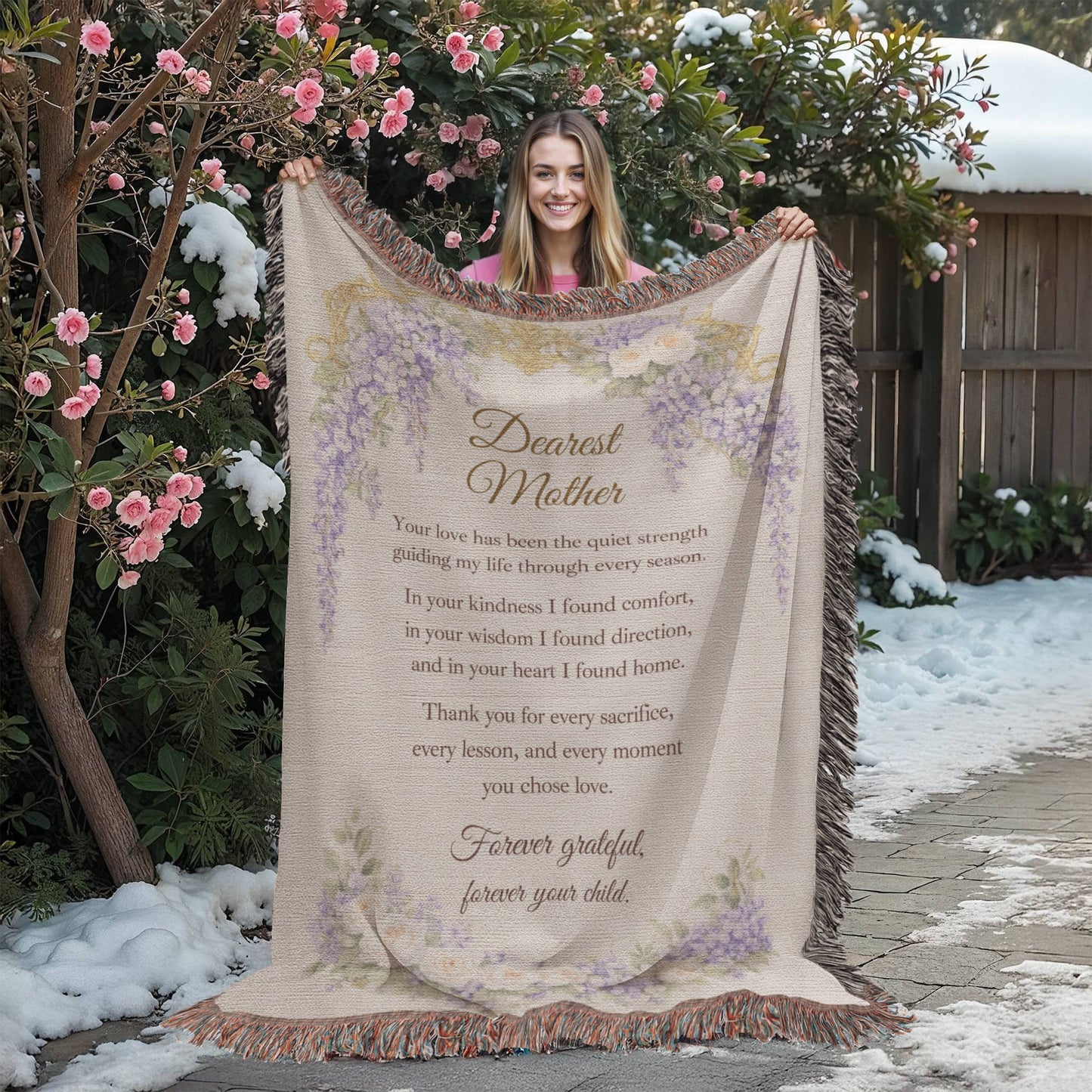 Dearest Mother Woven Blanket, Heirloom Mother's Day Blanket, Gift for Mom from Daughter or Son, Regency Wisteria Keepsake Throw