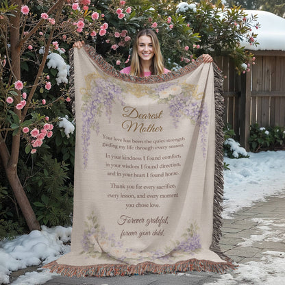 Dearest Mother Woven Blanket, Heirloom Mother's Day Blanket, Gift for Mom from Daughter or Son, Regency Wisteria Keepsake Throw