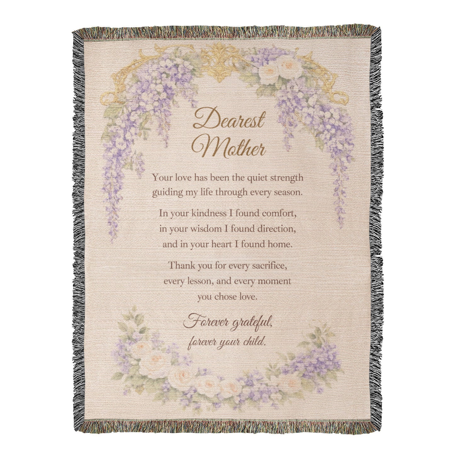 Dearest Mother Woven Blanket, Heirloom Mother's Day Blanket, Gift for Mom from Daughter or Son, Regency Wisteria Keepsake Throw