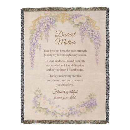 Dearest Mother Woven Blanket, Heirloom Mother's Day Blanket, Gift for Mom from Daughter or Son, Regency Wisteria Keepsake Throw