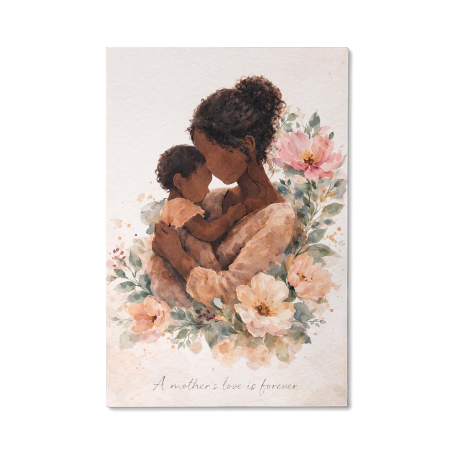 Dark Skin Mother and Child Watercolor Canvas Wall Art | Elegant Motherhood Artwork | Meaningful Mother's Day Gift