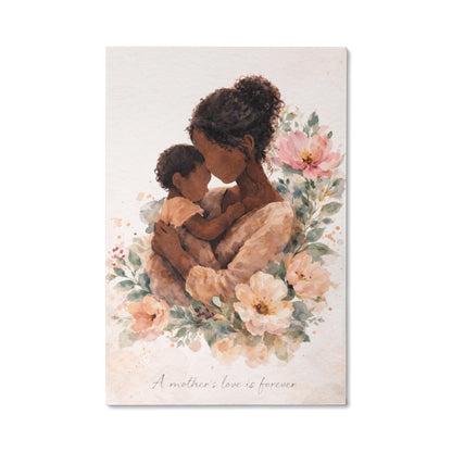 Dark Skin Mother and Child Watercolor Canvas Wall Art | Elegant Motherhood Artwork | Meaningful Mother's Day Gift
